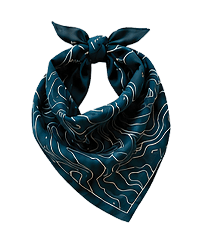 A dark teal bandana with a white abstract line pattern, tied in a knot at the top and arranged in a triangular shape against a plain light background.