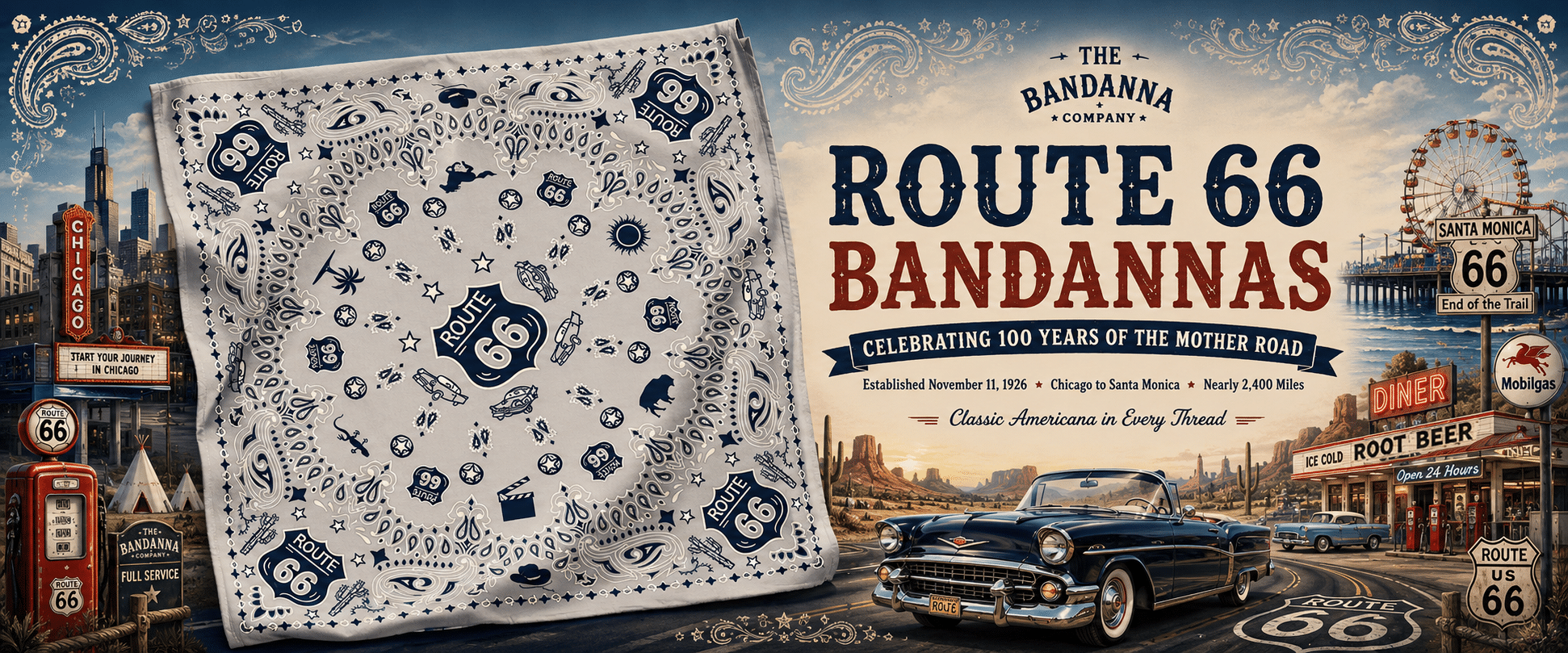 Vintage-style advertisement for Route 66 Bandannas, featuring a blue and white bandanna with Route 66 motifs, classic car, diner, vintage signs, and Route 66 landmarks with the tagline, “Classic Americana in Every Thread.”.