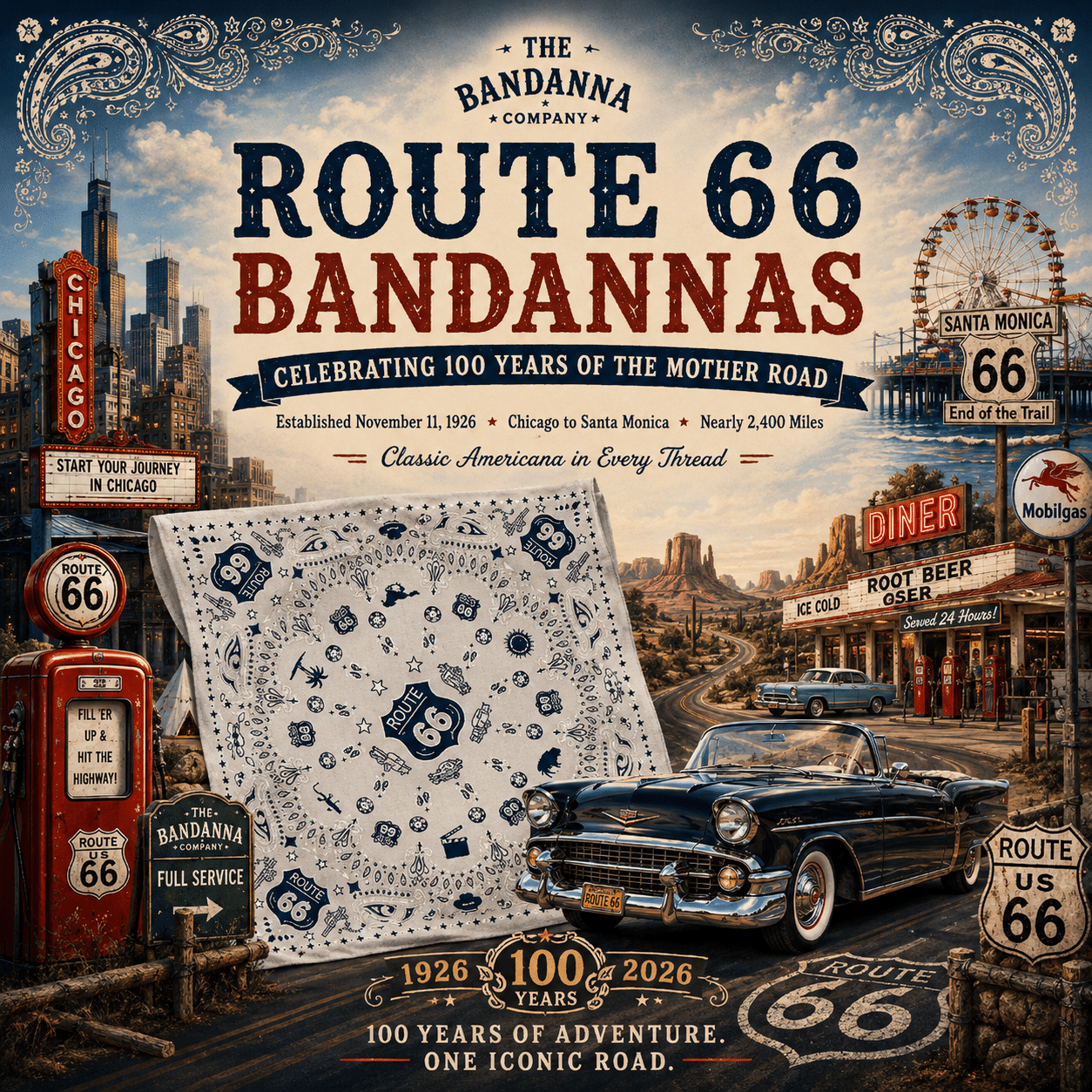 A vintage-style poster celebrates 100 years of Route 66 with a classic car, a bandanna, old gas pumps, motels, and iconic road signs. Text highlights Route 66 Bandannas and the historic route from Chicago to Santa Monica.