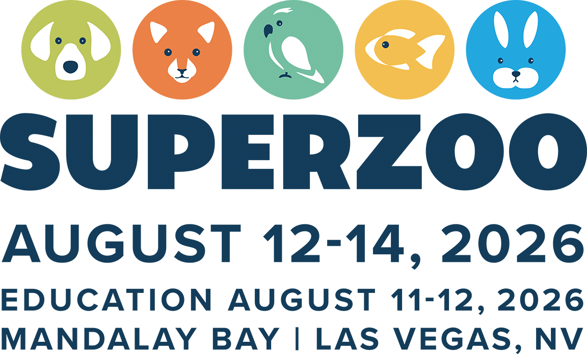 SuperZoo 2026 event banner with dog, cat, bird, fish, and rabbit icons. Dates: August 12-14, 2026. Education: August 11-12, Mandalay Bay, Las Vegas, NV.