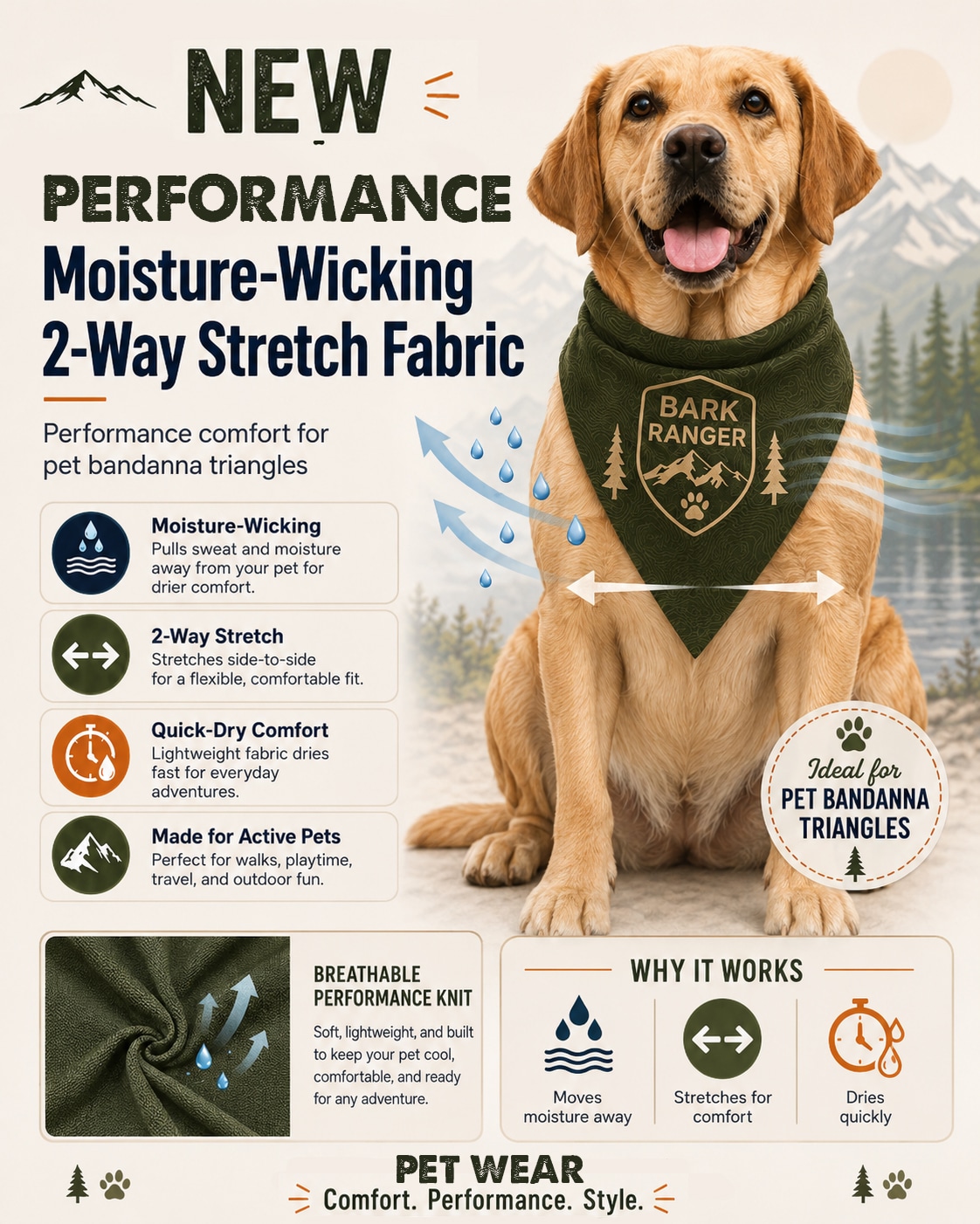 A golden retriever wears a green Bark Ranger bandana. Infographic explains benefits of moisture-wicking, 2-way stretch fabric for pet bandanas including quick-dry, flexibility, and comfort. A golden retriever wears a green Bark Ranger bandana. Infographic explains benefits of moisture-wicking, 2-way stretch fabric for pet bandanas including quick-dry, flexibility, and comfort.