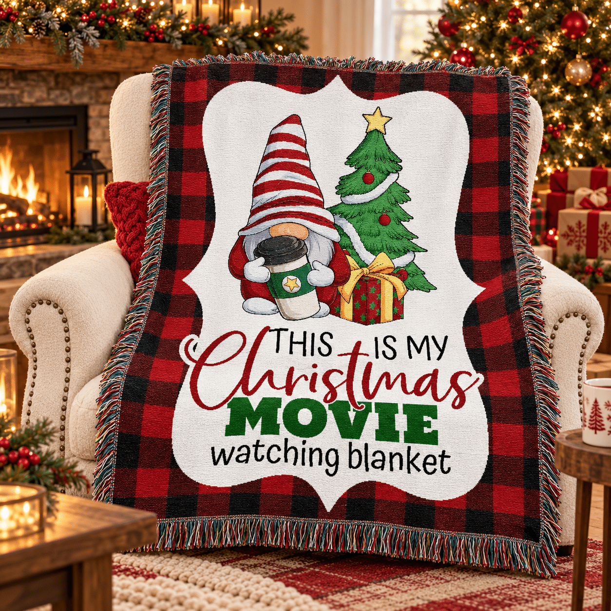 A festive blanket on a chair features a gnome, Christmas tree, and presents, with the words This is my Christmas movie watching blanket. Holiday decor and a lit fireplace are in the background.