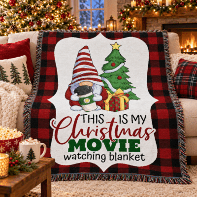 A cozy living room with a plaid blanket draped over a couch; the blanket shows a gnome, a Christmas tree, presents, and text: This is my Christmas movie watching blanket. Festive decorations fill the room.