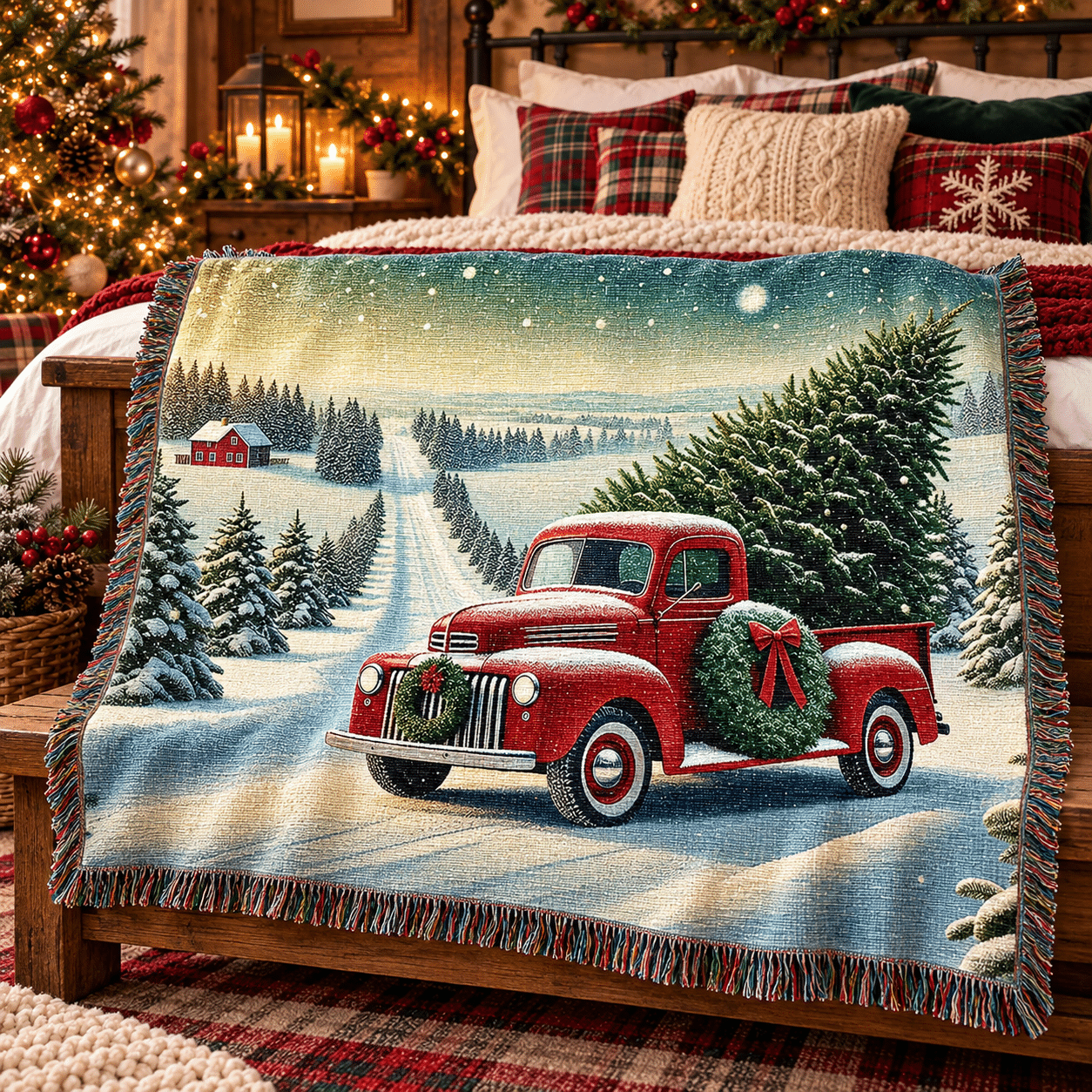 A festive throw blanket with a red vintage truck carrying a Christmas tree in snowy landscape, draped over a wooden bed in a cozy holiday-decorated bedroom.
