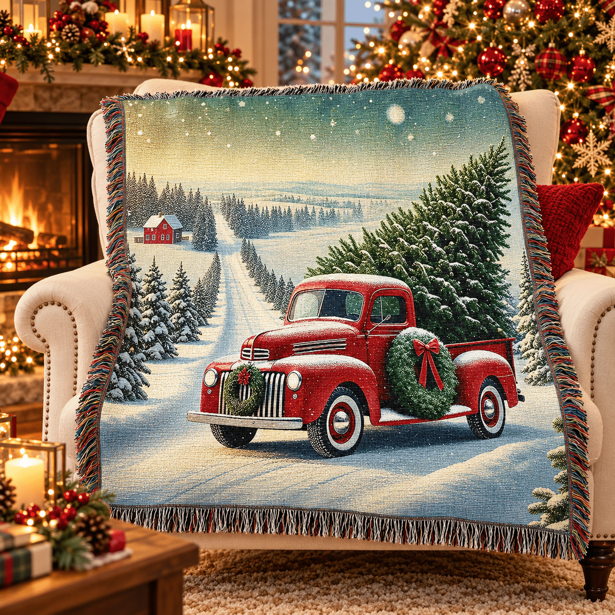 A cozy armchair with a holiday-themed blanket showing a red vintage truck carrying a Christmas tree, set in a snowy landscape, with festive decorations and a fireplace in the background.
