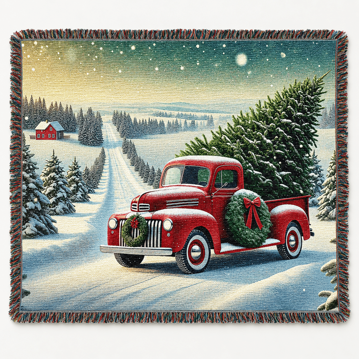 A red vintage truck carries a Christmas tree in snowy countryside, with a decorated wreath on its front. Snow-covered trees and a farmhouse are visible under a dusk sky with falling snow.