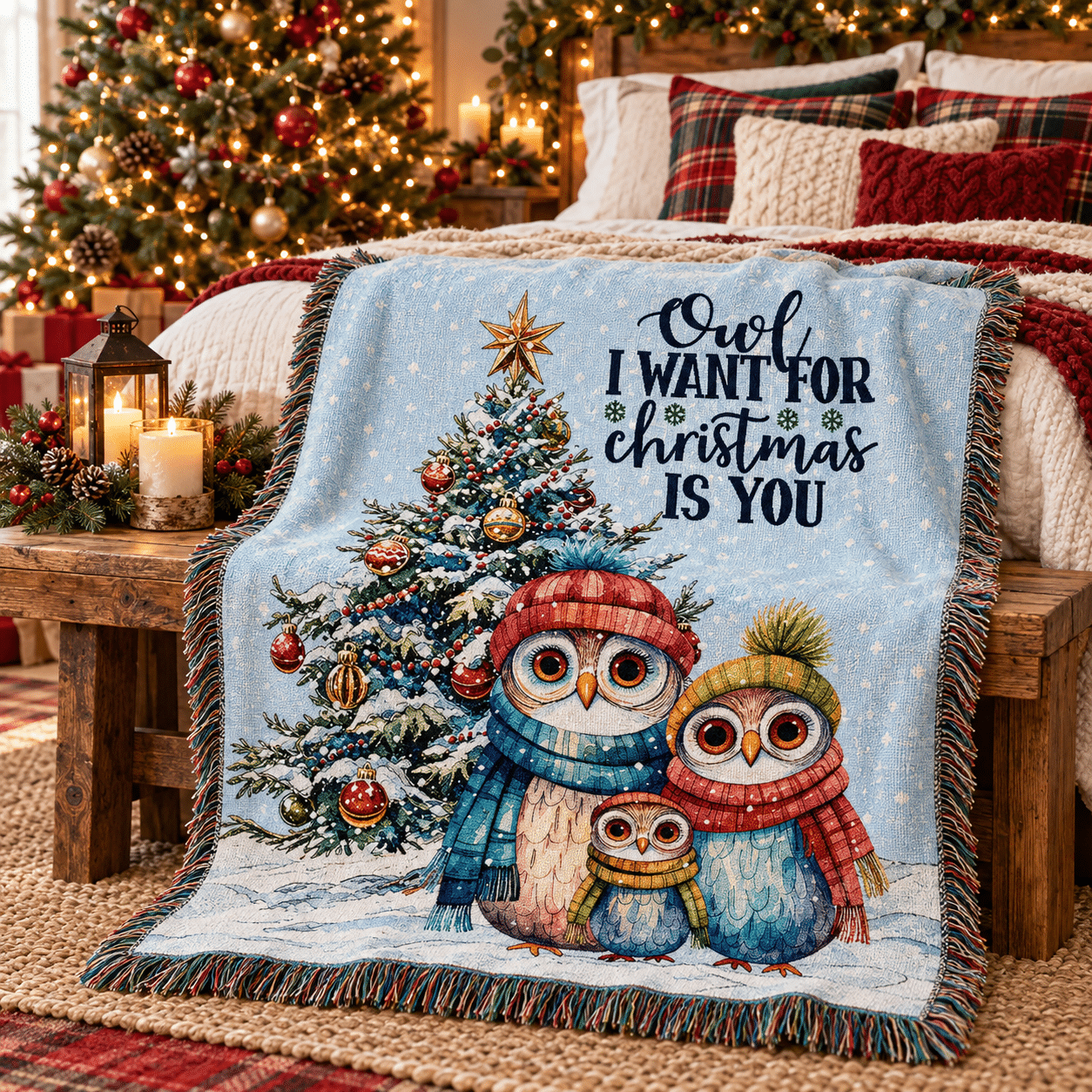 A festive blanket with three cartoon owls in winter clothing in front of a decorated Christmas tree. Text on the blanket reads, Owl I want for Christmas is you. Cozy holiday decor surrounds the scene.
