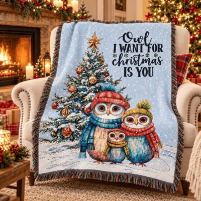 A cozy chair draped with a festive blanket featuring three owls in winter clothes, a decorated Christmas tree, and the words Owl I want for Christmas is you, with a fireplace and holiday decor in the background.