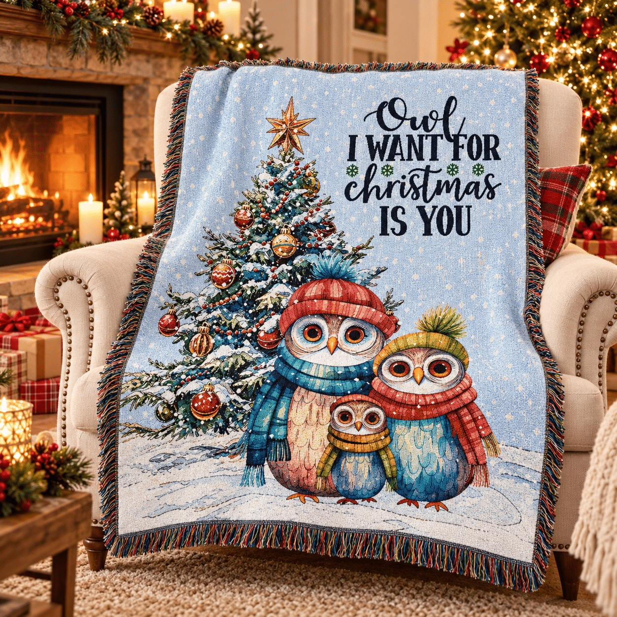 A cozy chair draped with a festive blanket featuring three owls in winter clothes, a decorated Christmas tree, and the words Owl I want for Christmas is you, with a fireplace and holiday decor in the background.