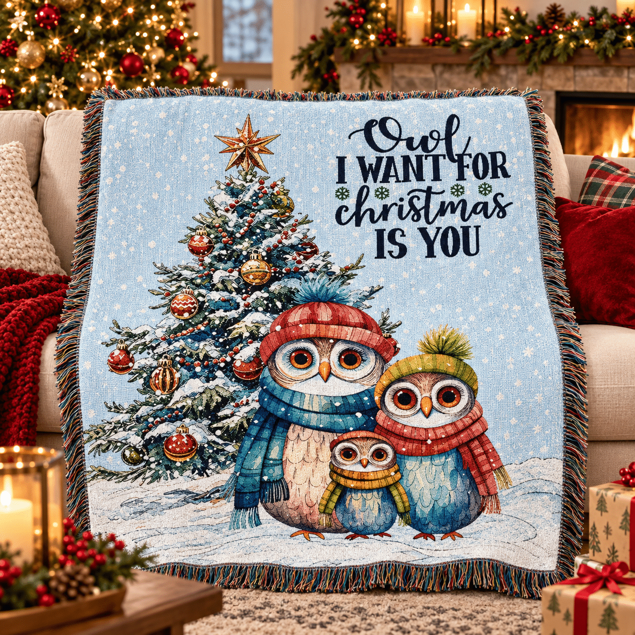 A festive blanket features three owls in winter wear by a decorated Christmas tree, with the words Owl I want for Christmas is you. Holiday decor and a fireplace are in the cozy background.