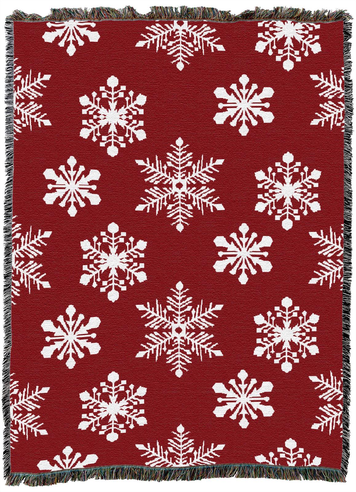 The USA Made 100% Cotton Woven Throw Blanket - Snowflakes Red features white snowflake patterns on red and is finished with multicolored fringed edges.