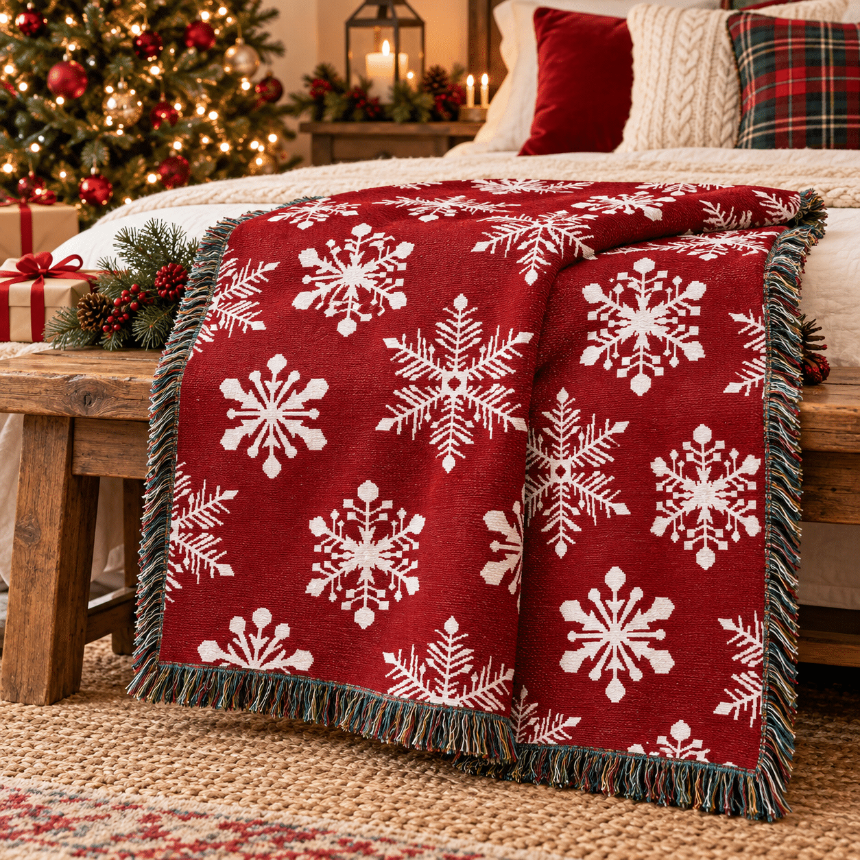 A USA Made 100% Cotton Woven Throw Blanket - Snowflakes Red drapes over a wooden bench by a bed, surrounded by Christmas decorations, presents, and a lit tree.