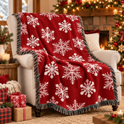 A cozy beige armchair with the USA Made 100% Cotton Woven Throw Blanket - Snowflakes Red, surrounded by Christmas decor, gifts, and a lit fireplace in a festive living room.