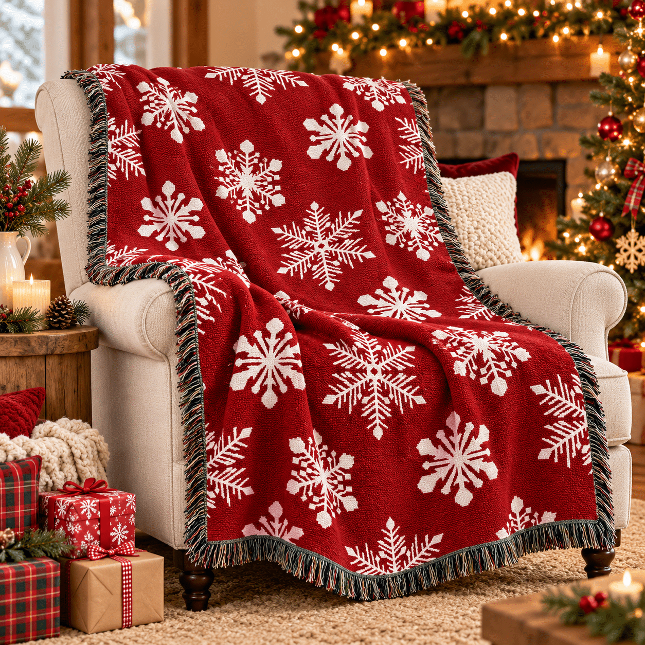 A cozy beige armchair with the USA Made 100% Cotton Woven Throw Blanket - Snowflakes Red, surrounded by Christmas decor, gifts, and a lit fireplace in a festive living room.