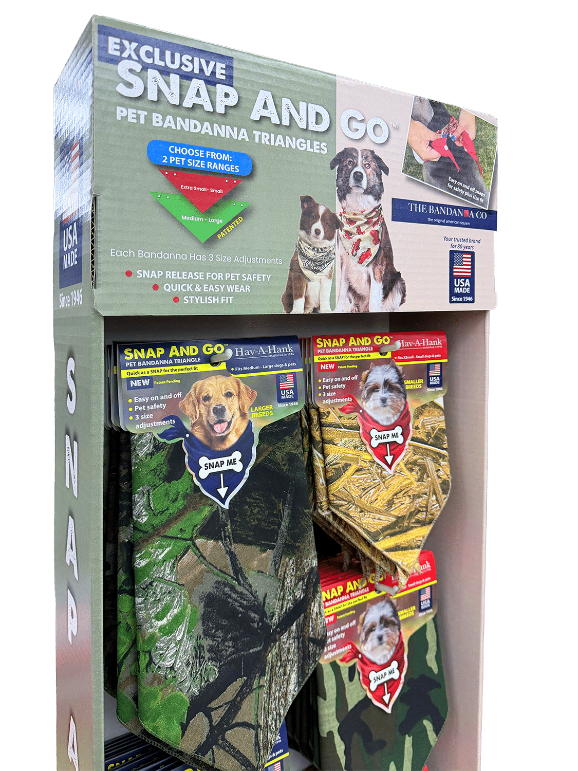 Display of Exclusive Snap And Go pet bandanna triangles with various patterns for dogs, featuring snap closures. Packaging showcases dogs wearing the bandannas and emphasizes easy adjustment and quick release for pet safety.