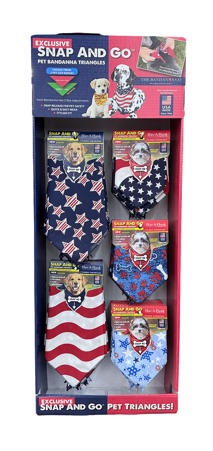 Display of six pet bandanas with patriotic American flag, star, and stripe patterns in red, white, and blue, labeled Snap and Go for easy use, featuring images of dogs wearing the bandanas.