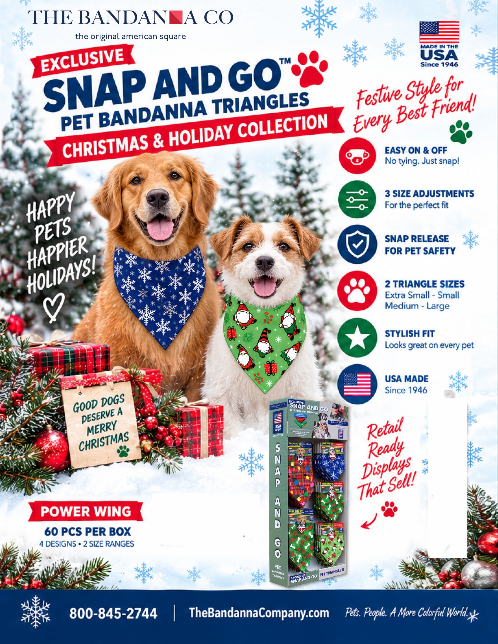 Two dogs wearing festive bandanas sit by a holiday display. Text highlights SNAP AND GO pet bandanna triangles, adjustable sizing, fast release, pet-safe material, several styles, and Christmas designs.