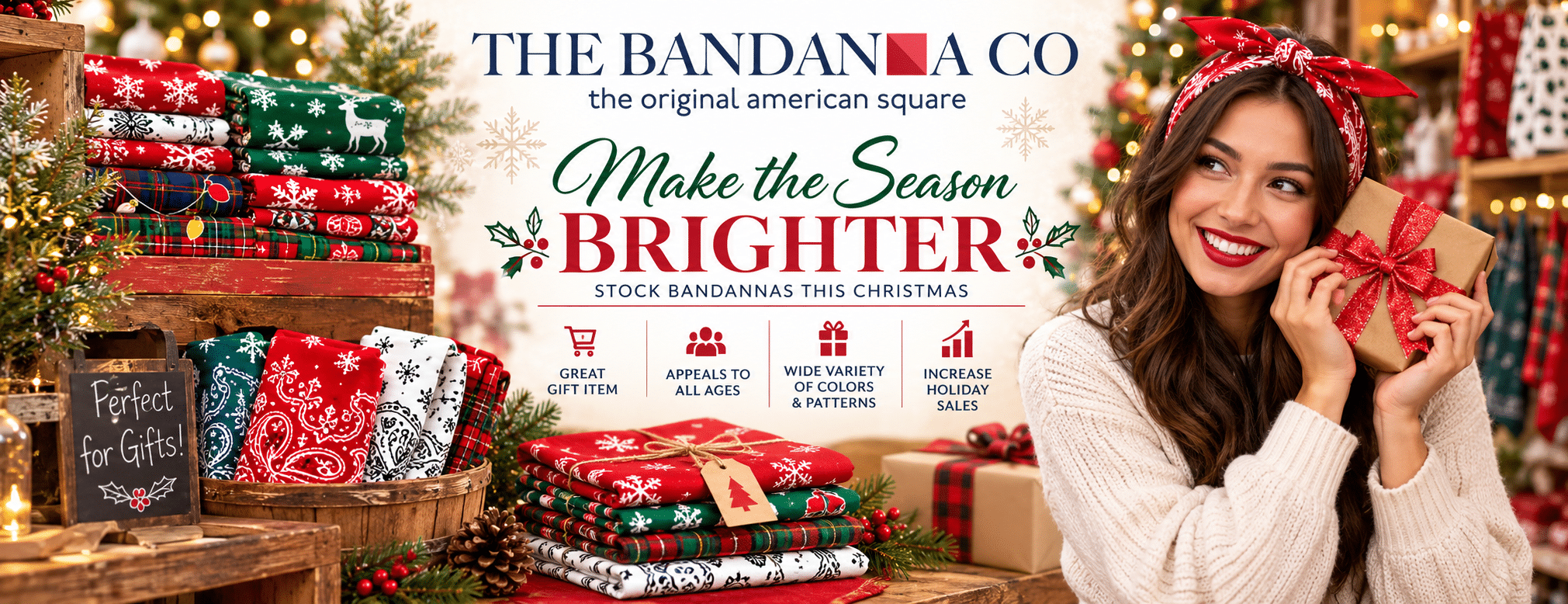 A woman holding a gift smiles beside a display of colorful holiday bandanas. A chalkboard reads Perfect for Gifts! with festive Christmas decorations in the background.
