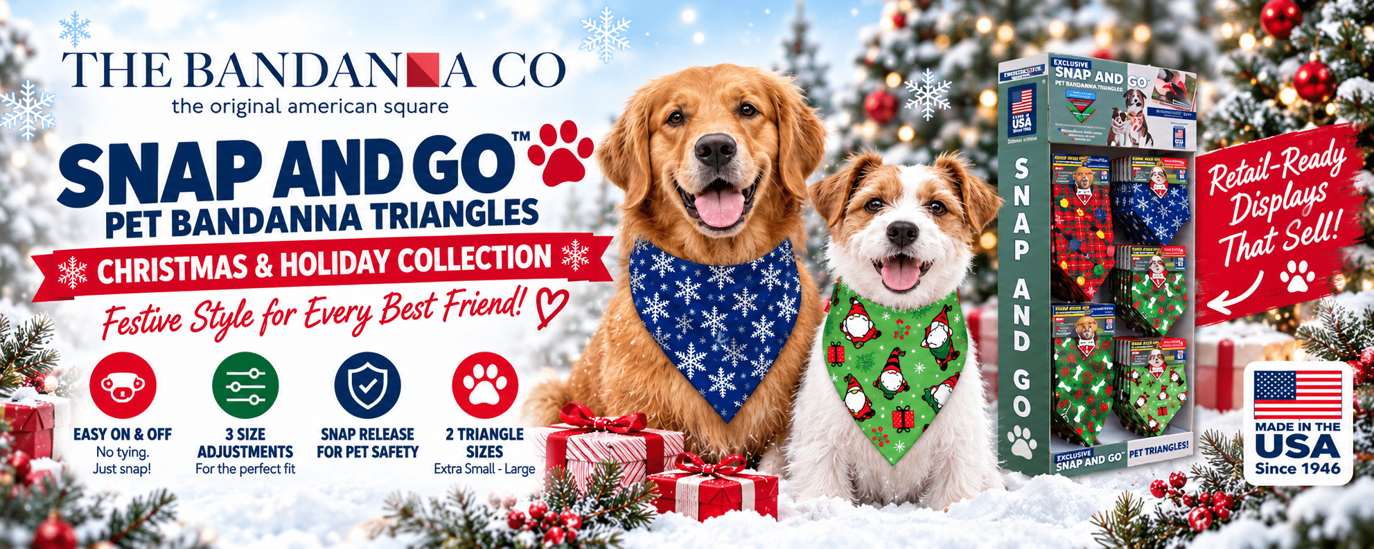 Two dogs wear festive bandannas; one red with holiday lights, one blue with snowflakes. Beside them is a retail display of similar pet bandannas. Snow and Christmas decorations set a festive scene.