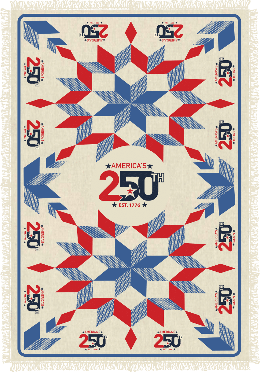 Patriotic geometric poster celebrating America's 250th anniversary with a blue-red starburst and central 'America 250 Est. 1776' text.