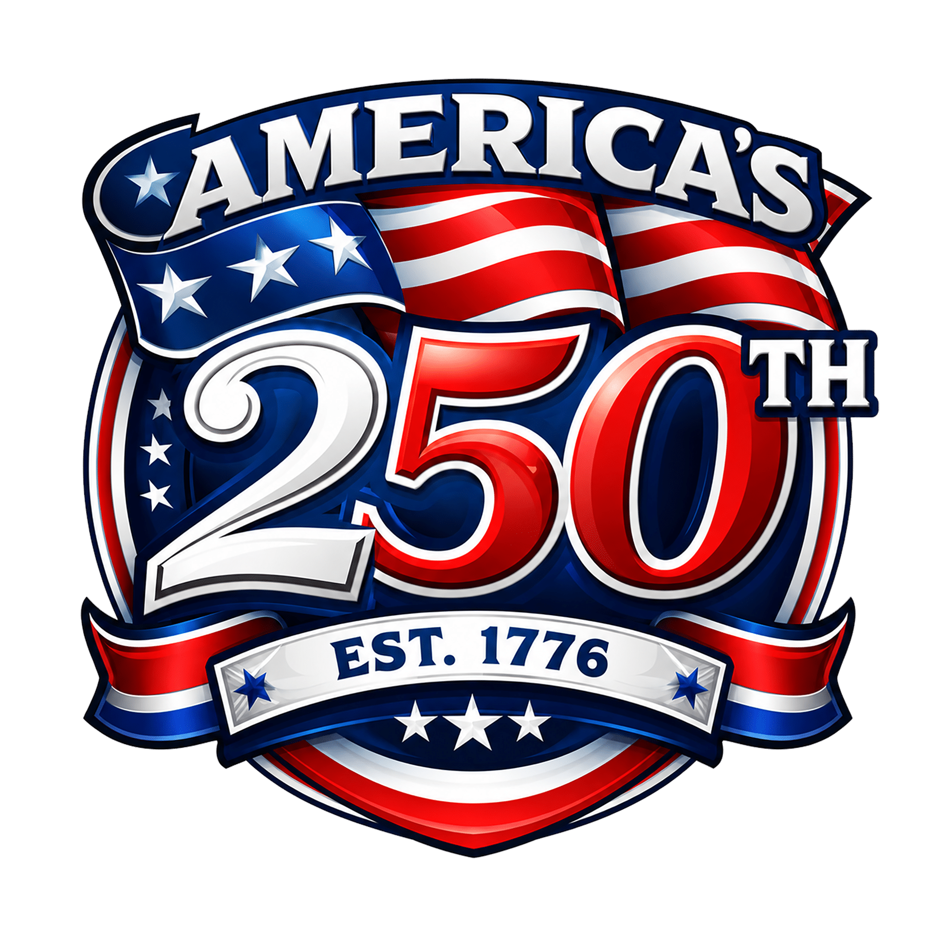 Patriotic crest celebrating America's 250th anniversary, established 1776.