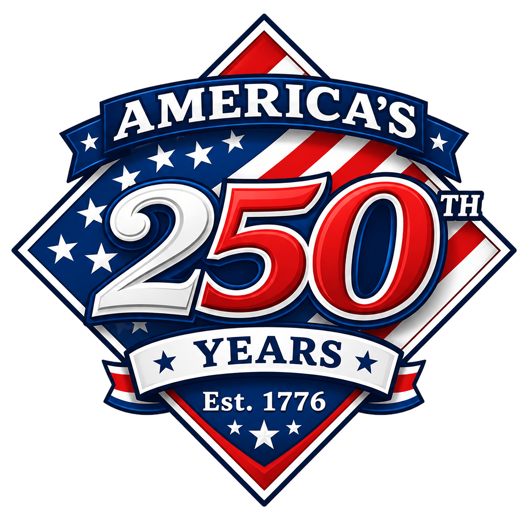 Patriotic badge celebrating America's 250th anniversary with stars, stripes, and 'Est. 1776'.