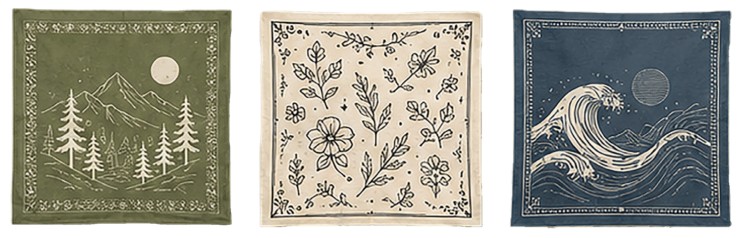 Three square bandanas: the first olive green with mountains, trees, and a moon; the second cream with black floral designs; the third navy blue with a large ocean wave and a sun or moon in the sky.