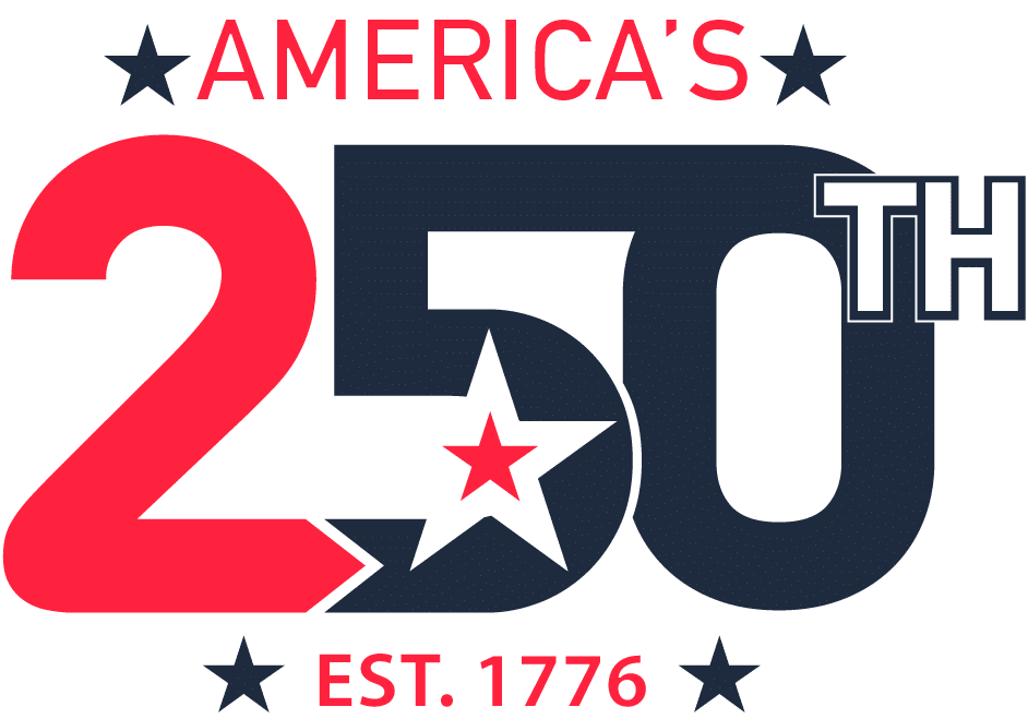 Logo celebrating America's 250th anniversary, EST. 1776, with red, white, and blue colors and star accents.