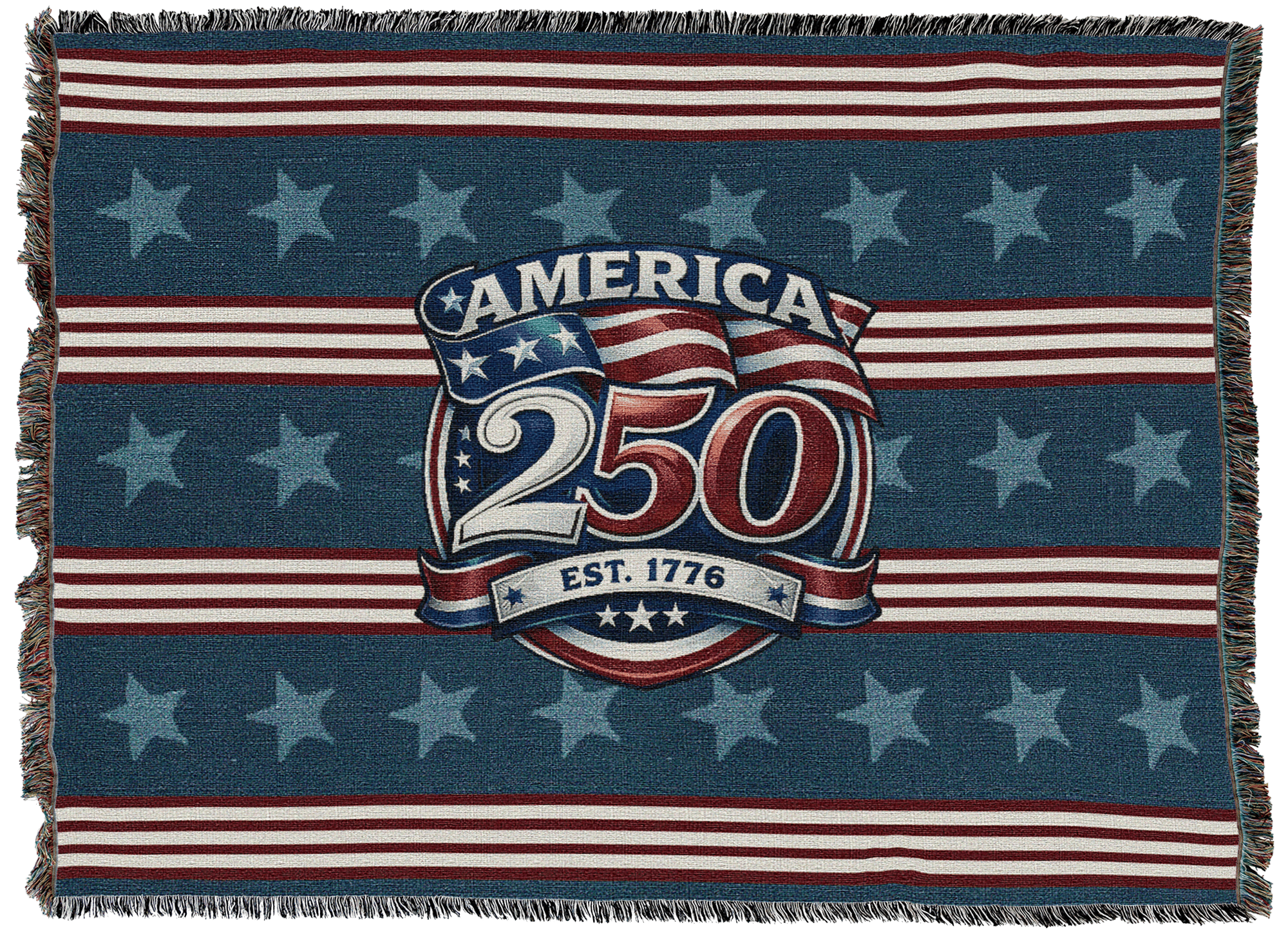 Patriotic rug with a blue field of stars, red-and-white stripes, and a central 'America 250' emblem with 'Est. 1776'.