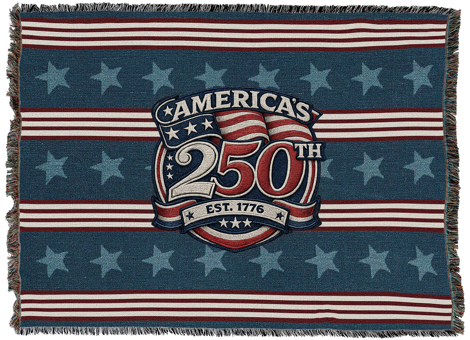Patriotic rug with a blue field of stars, red-and-white stripes, and a central 'America 250' emblem with 'Est. 1776'.