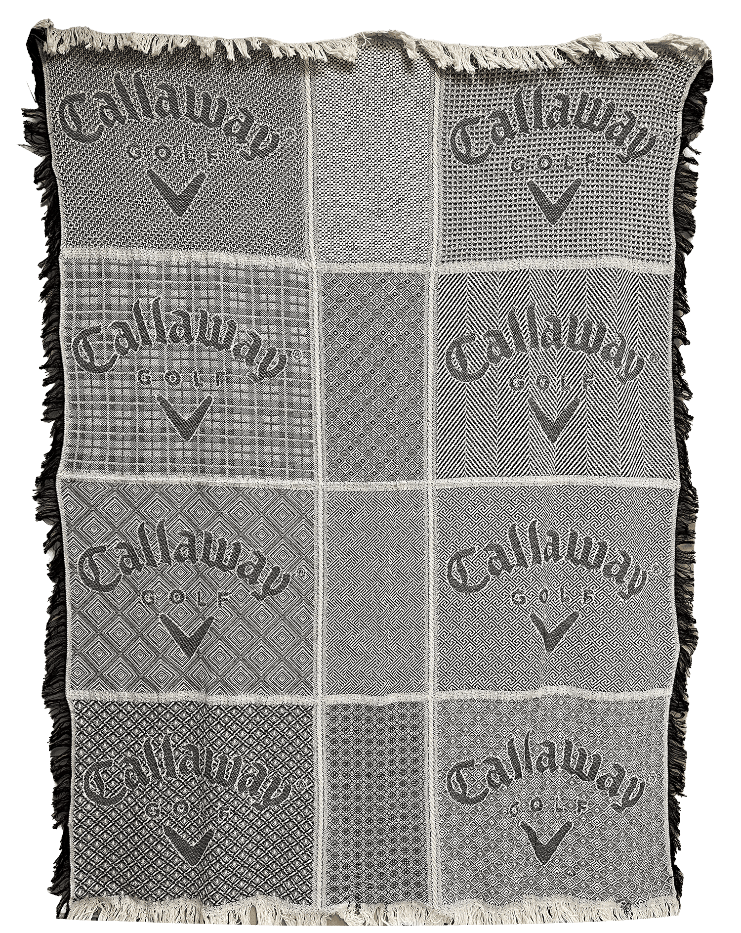 Grey and white woven throw blanket with a patchwork pattern, fringe edges, and repeated 'Gallantry' branding with a checkmark motif.