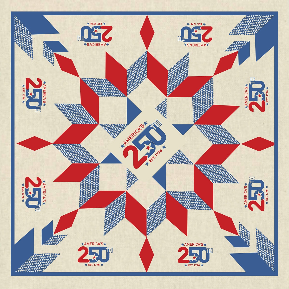 Patriotic quilt-style poster with red and blue geometric star patterns and multiple 'America's 250th' logos celebrating 1776.