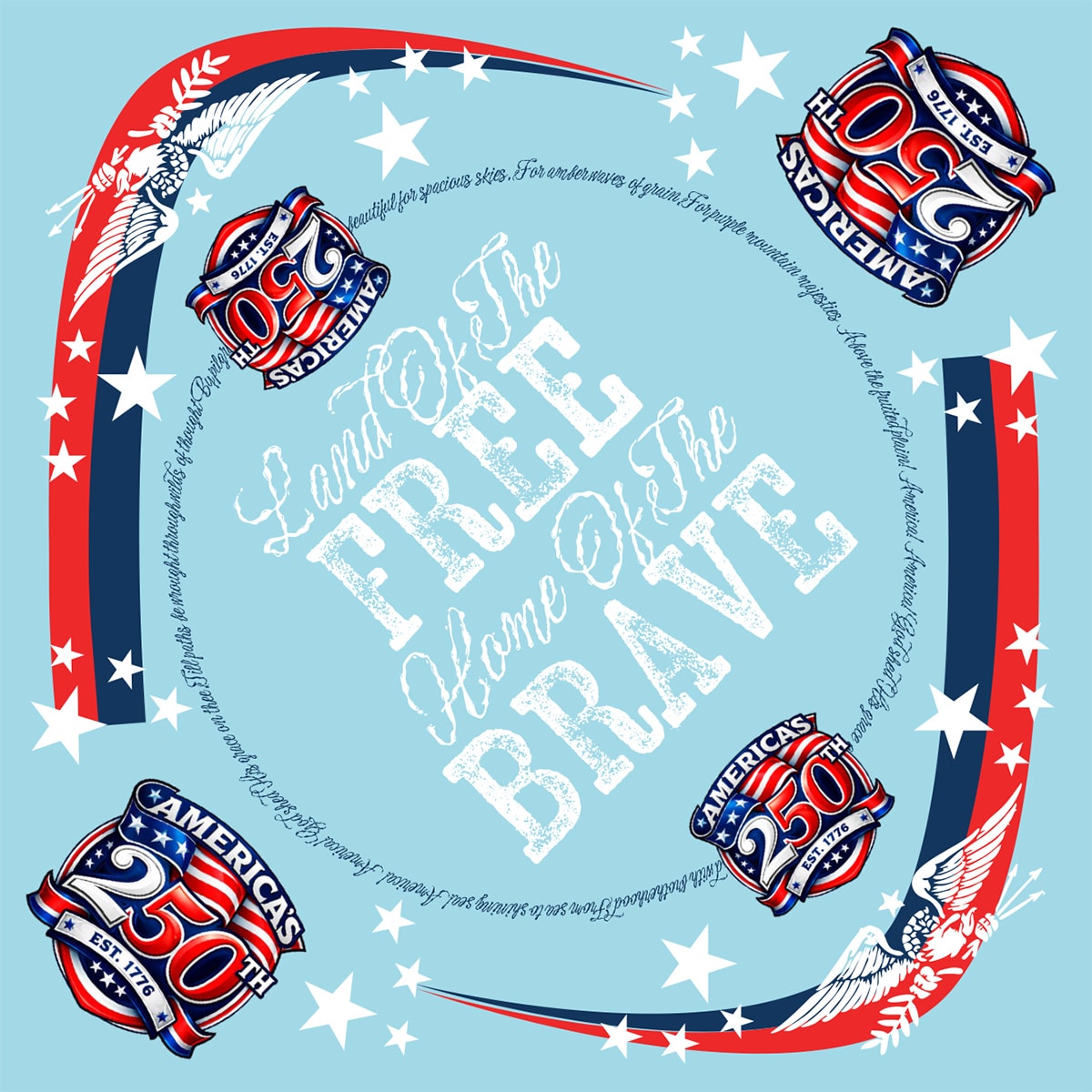 Patriotic graphic celebrating America's 250th anniversary with red, white, and blue ribbons, stars, and circular text elements.