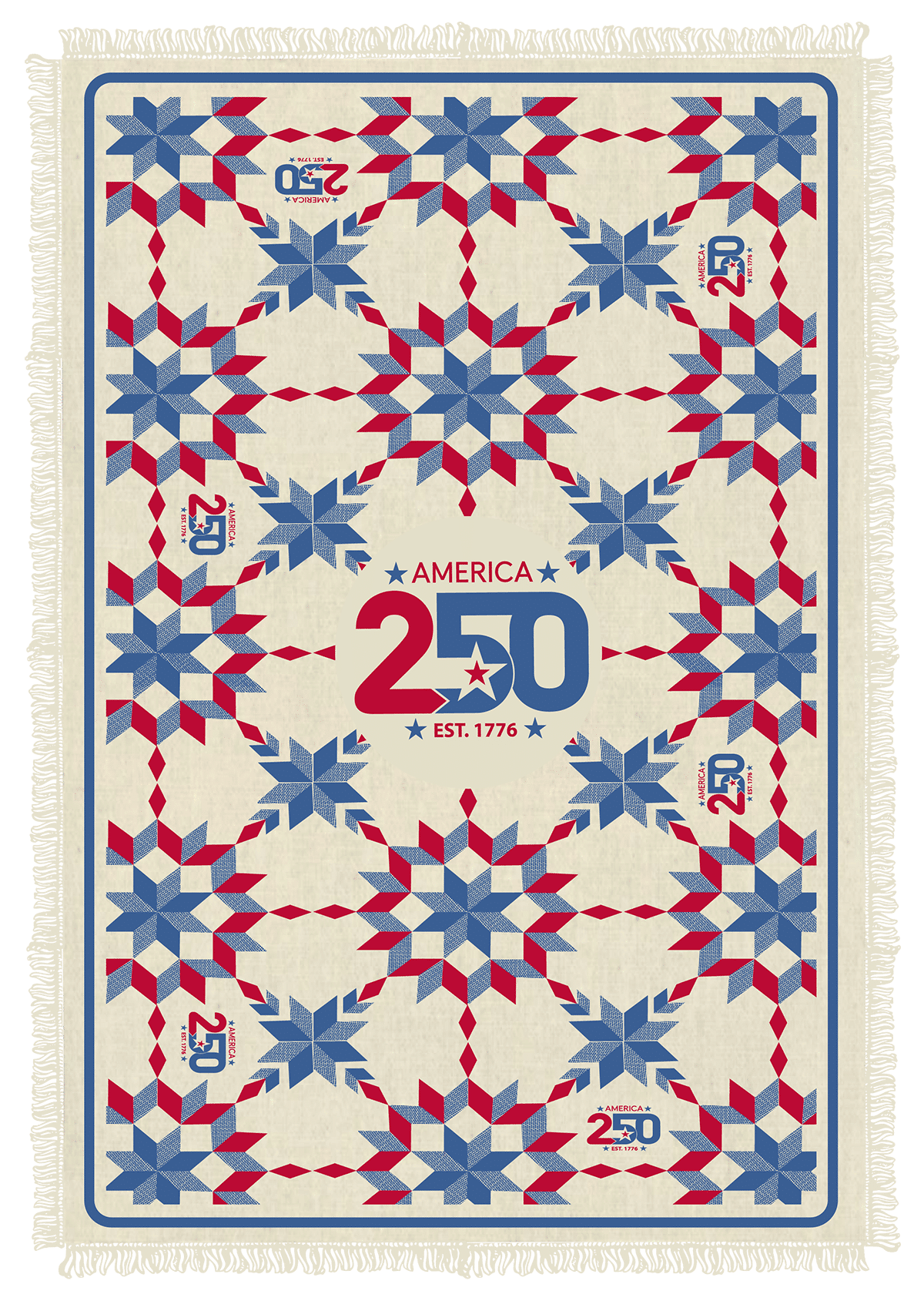 Commemorative quilt-style poster for America’s 250th anniversary (EST. 1776) in red, white, and blue.