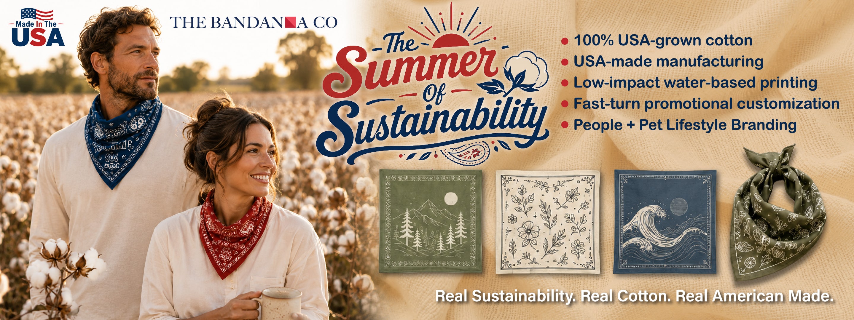 A man and woman stand in a cotton field wearing printed bandanas. Text highlights sustainable, USA-made cotton bandanas with eco-friendly printing. Four bandana designs and a dog wearing a bandana are also shown.