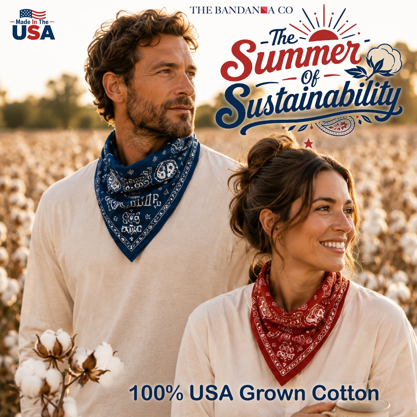 A man and woman wearing patterned bandanas stand in a cotton field, smiling. Text reads: The Summer of Sustainability, 100% USA Grown Cotton, and Made in the USA.