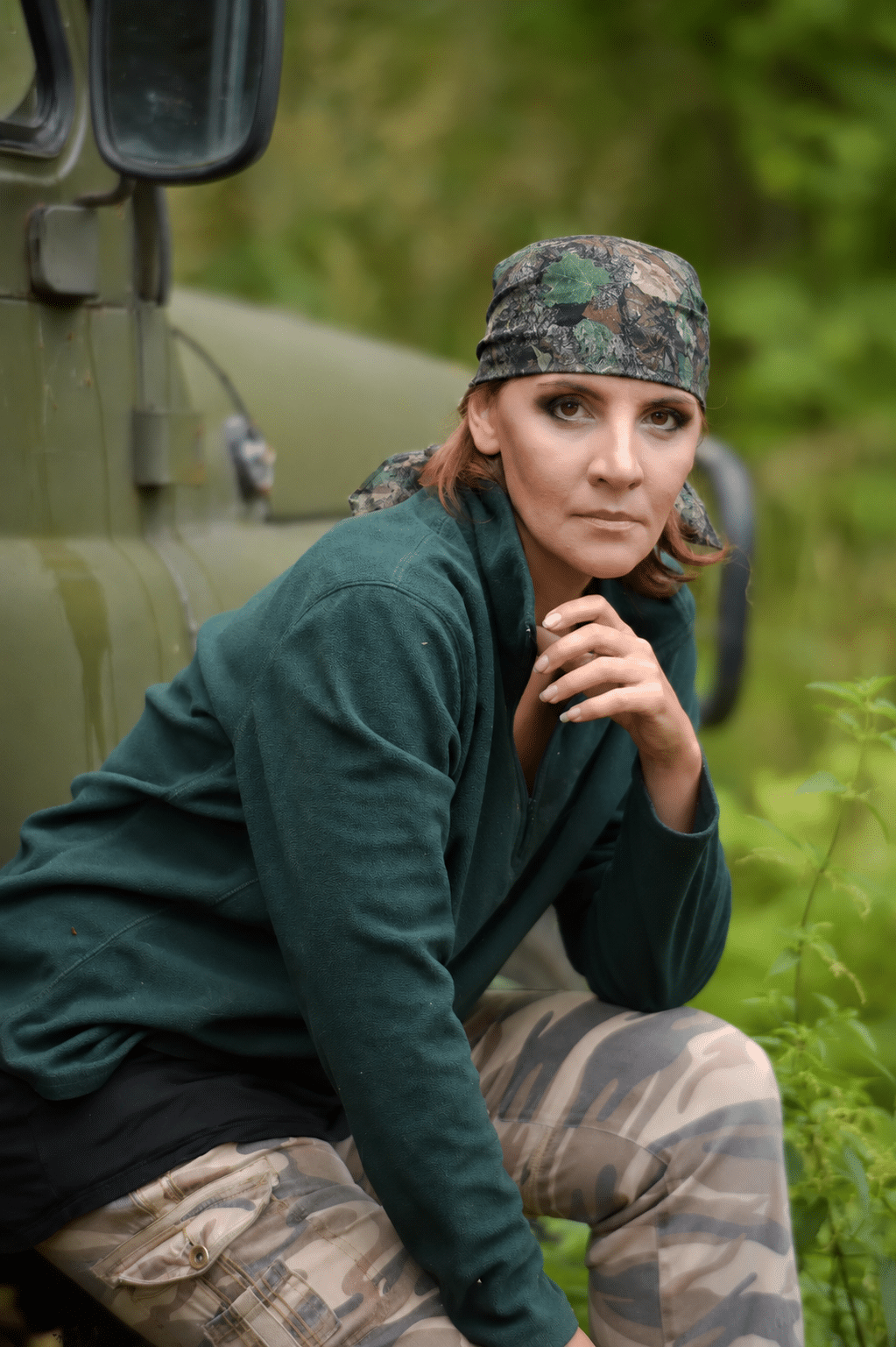 Woman wearing Buck Country camouflage bandanna