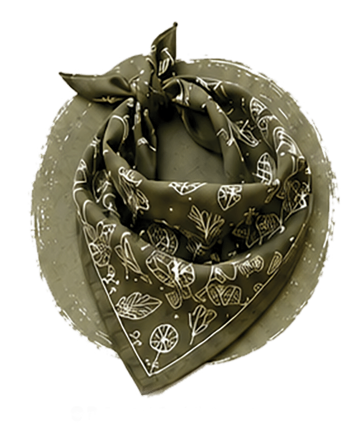 Olive green bandana with white botanical and fruit line drawings, folded in a triangular shape with a knot at the top, displayed on a matching circular background.
