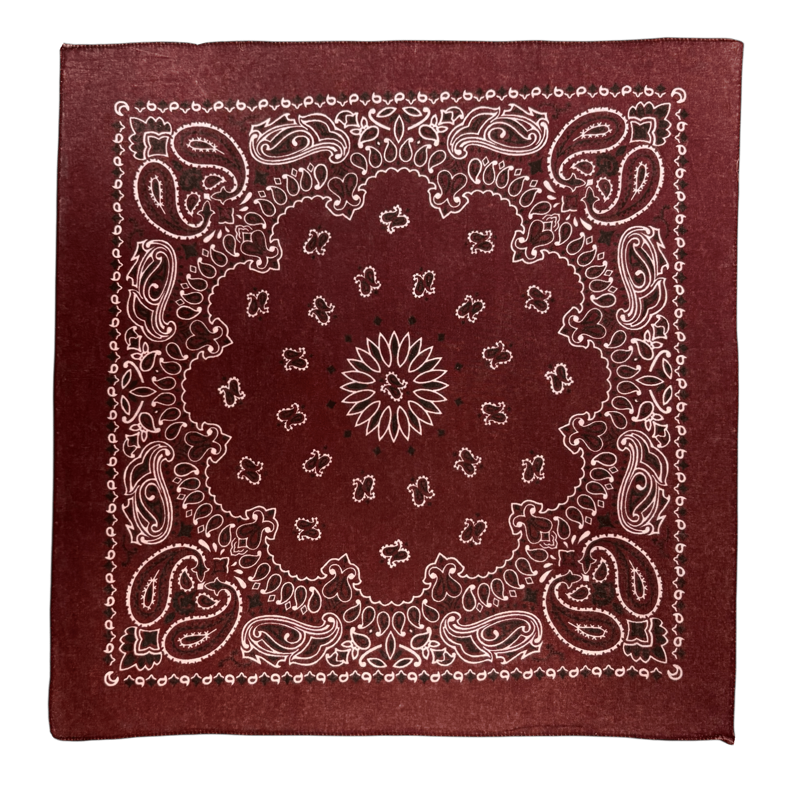 A maroon bandana featuring a traditional white paisley and floral pattern arranged in a symmetrical design around the edges and center.